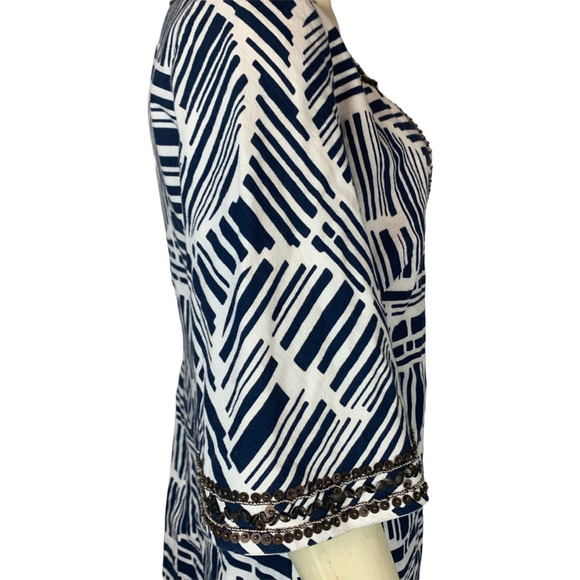 Trina Turk Womens Lek Bamboo Forest Shift Dress White Blue Geometric Sequin M/L - Picture 9 of 12